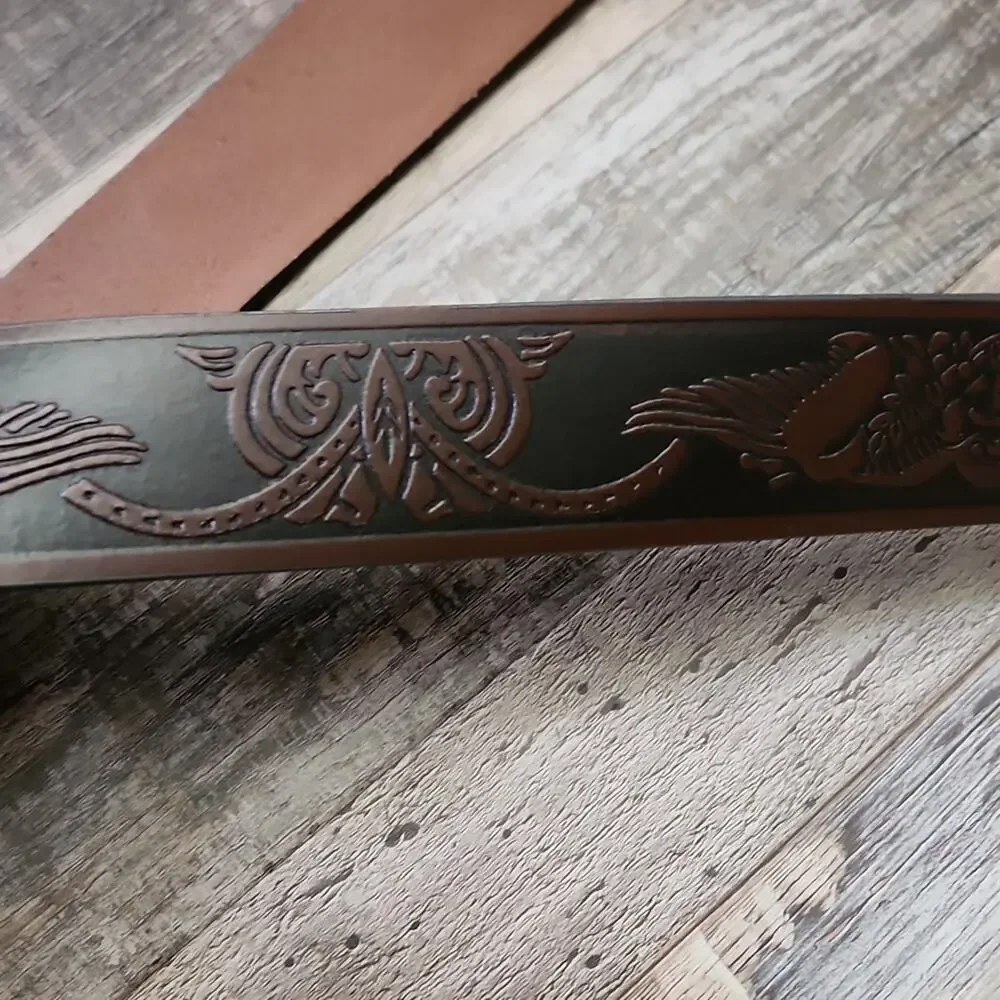 Wrangler Mens Brown Tooled Leather Belt 44/110 Eagle Brass Buckle Western Cowboy